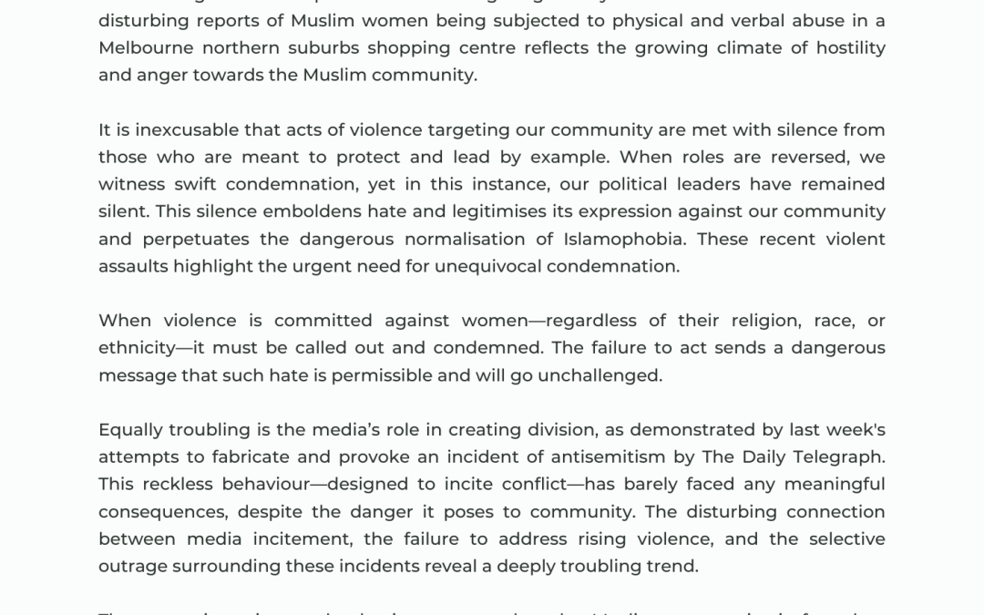 Media Release: Silence and Selective Outrage: Addressing the Surge in Islamophobic Violence Against Muslim Women